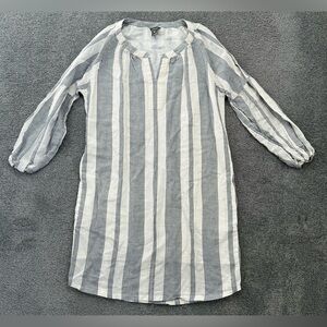 New Eddie Bauer linen cotton dress grey blue stripes white Tunic Dress XS S